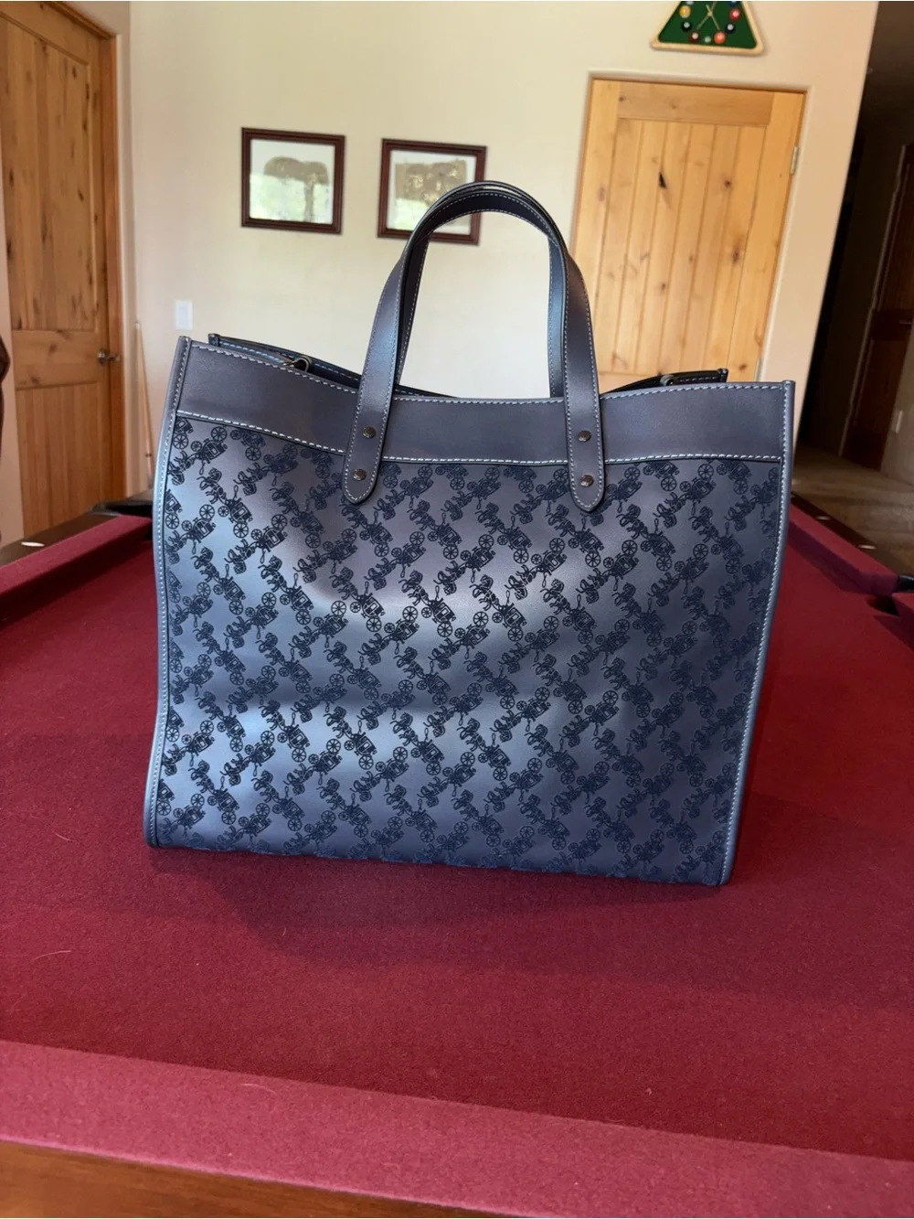 Coach Field tote 40 Horse and Carriage print Navy with brown suede